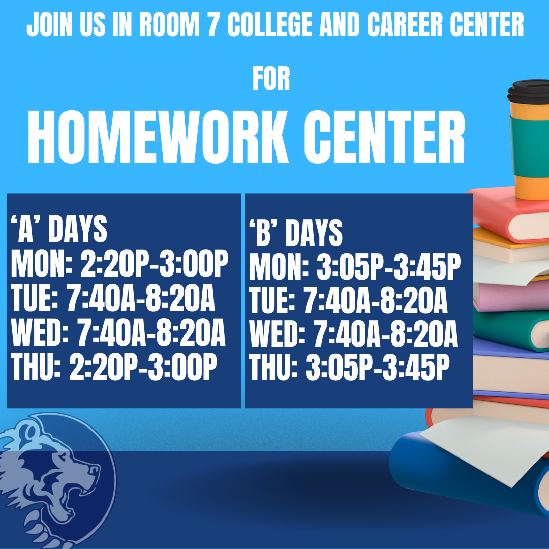 Info about homework center with a stack of books on the right with a coffee on top.